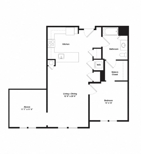 floor plan of the first level of an apartment with a bedroom and a living room